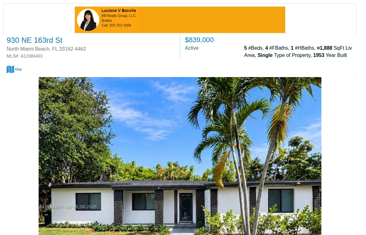 930 NE 163rd St on the MLS public listing page (Matrix, Southeast Florida MLS): address, MLS# A12084401, $839,000, Active, listing agent banner and exterior photo, screenshot 10 Oct 2026