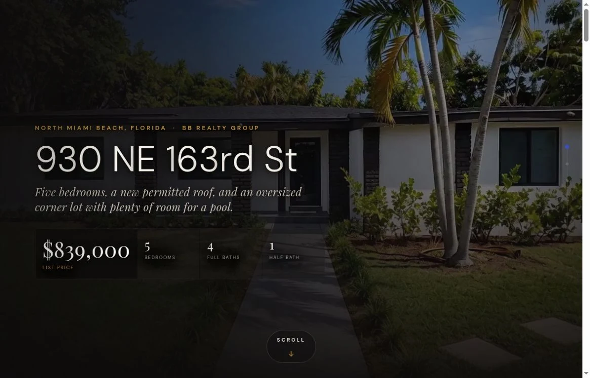 Hero of the 930 NE 163rd St property website: facade, address, $839,000 list price and bedroom and bath counts, screenshot 10 Oct 2026