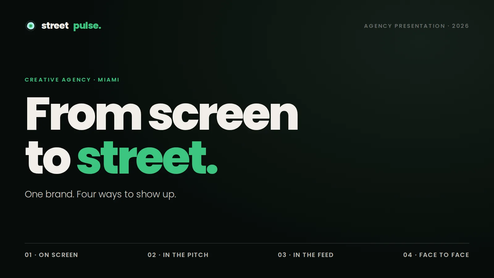 Agency presentation, slide 1: From screen to street