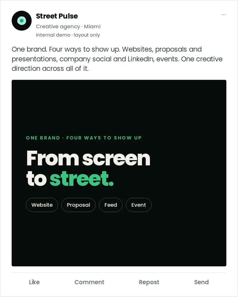 Internal demo of a company LinkedIn post layout in the Street Pulse brand